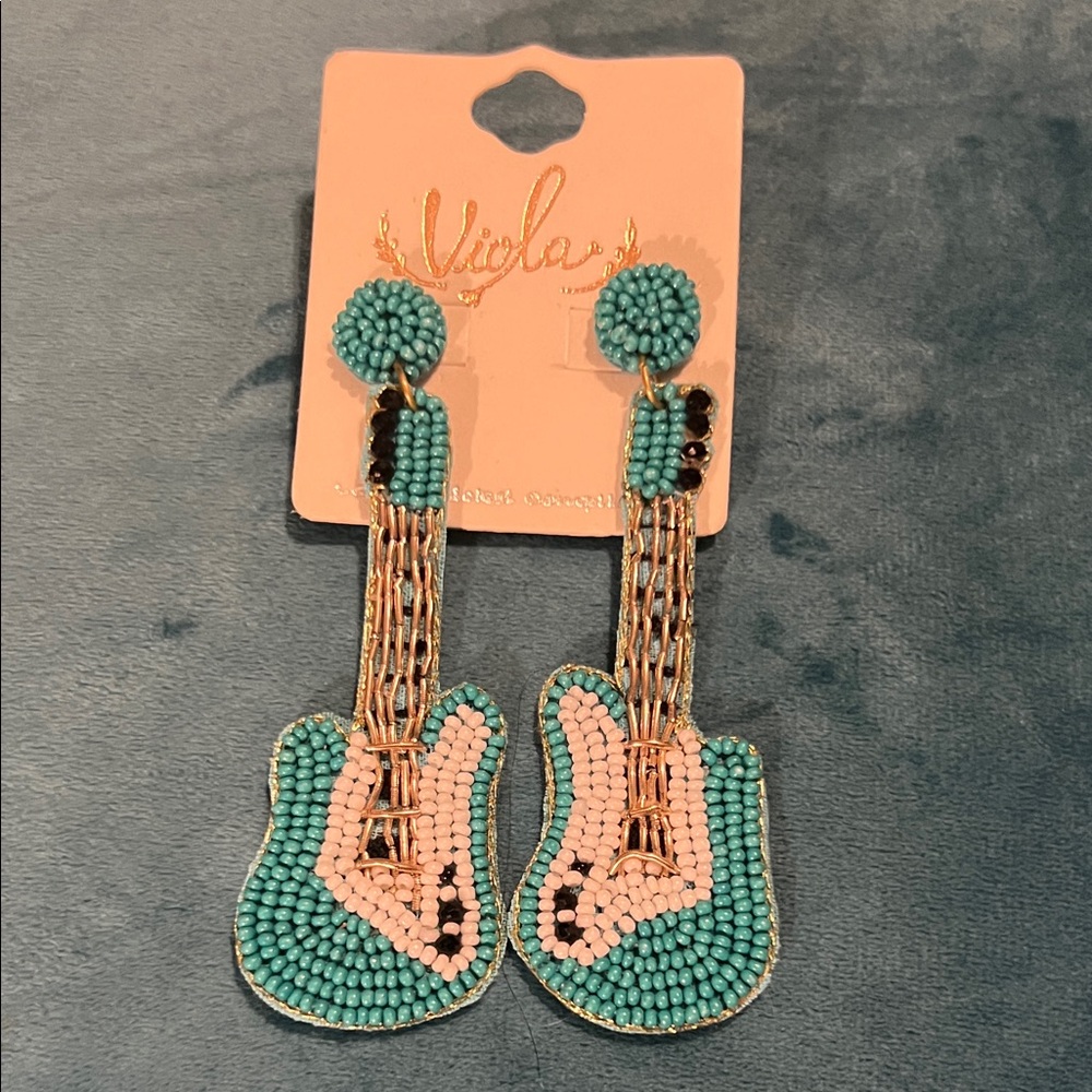 Viola Beaded Guitar Earrings - Green and Pink